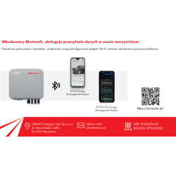 Infografika komunikacji inwertera hybrydowego WHES Copia z aplikacją mobilną ECOS Energy Management System przez Bluetooth