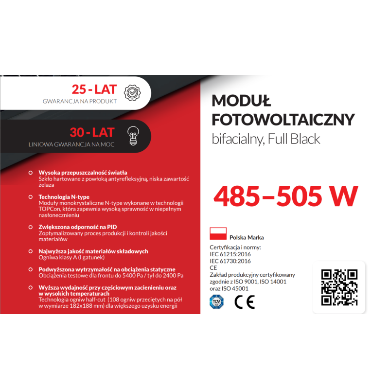 Panel fotowoltaiczny 500 W TOPCon bifacial full black - AVIA SOLAR 54-18X(ND)-F-500