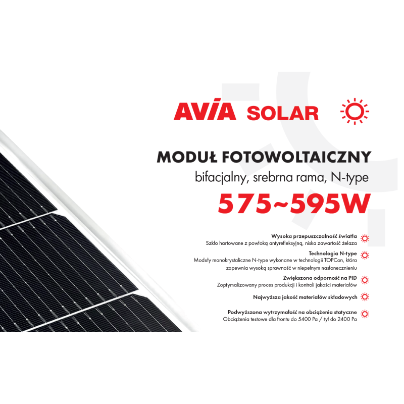 Panel fotowoltaiczny 595 W TOPCon bifacial silver frame - AVIA SOLAR 72-18X(ND)-F-595