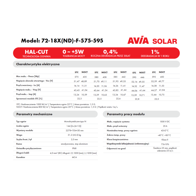 Panel fotowoltaiczny 595 W TOPCon bifacial silver frame - AVIA SOLAR 72-18X(ND)-F-595