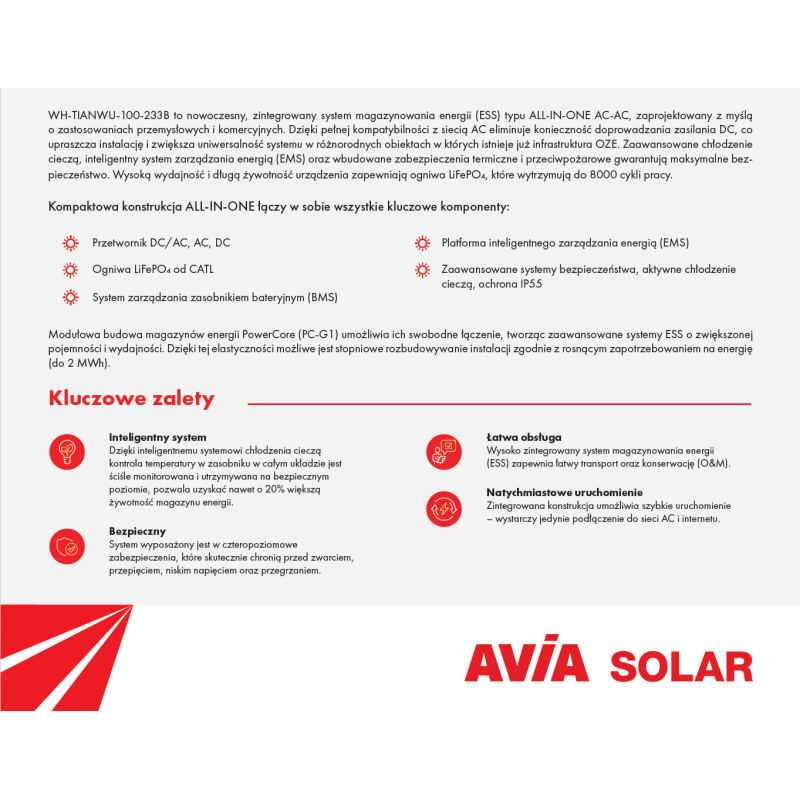 Magazyn energii przemysłowy (C&I) All-in-One 233 kWh  AVIA Solar / WHES PowerCore - WH-TIANWU-100-233B