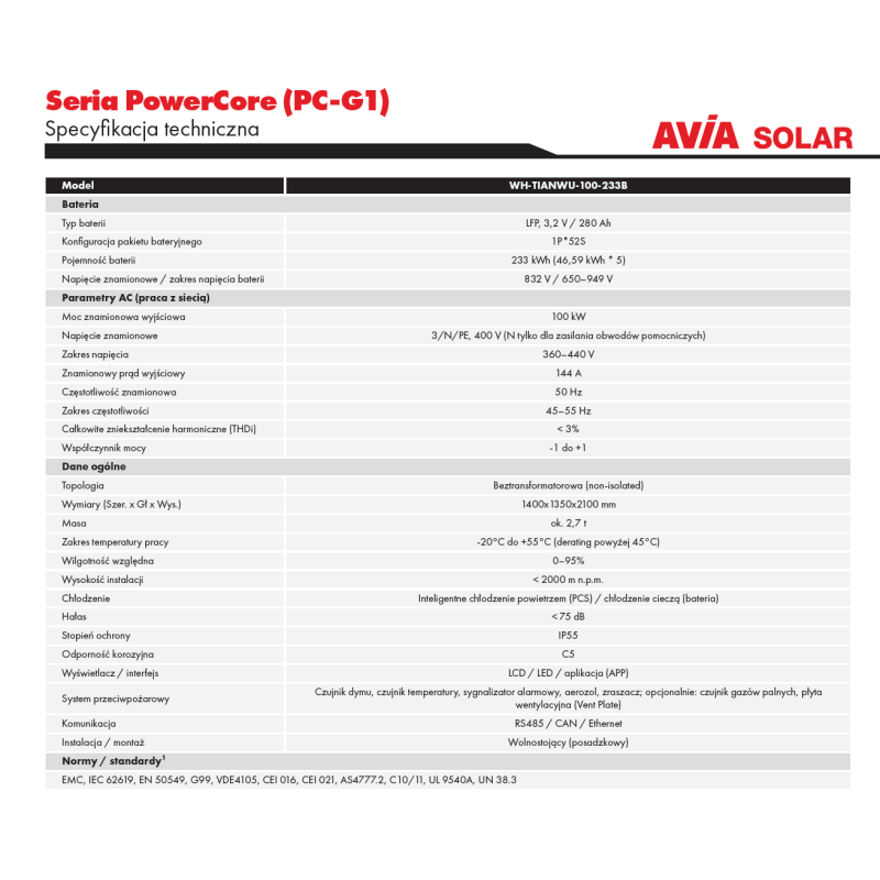 Magazyn energii przemysłowy (C&I) All-in-One 233 kWh  AVIA Solar / WHES PowerCore - WH-TIANWU-100-233B