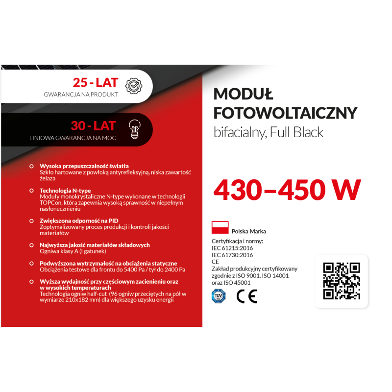 Panel fotowoltaiczny 450 W TOPCon bifacial full black - AVIA Solar 48-18X(ND)-F-450